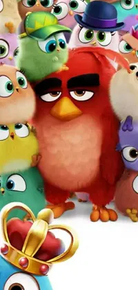 This animated live wallpaper for phones features a vibrant group of angry birds standing defiantly