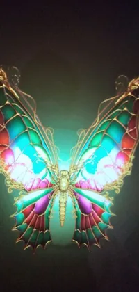This breathtaking phone live wallpaper displays a colorful butterfly up close on a wall