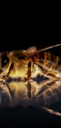 This live wallpaper features an up-close photograph of a bee on a shimmering surface
