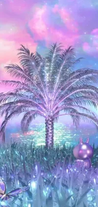 This phone live wallpaper features a tranquil scene with a palm tree atop a lush green field