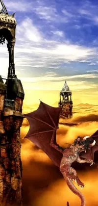 Looking for a stunning live wallpaper for your phone? Look no further than this clock tower and dragon scene! This intricate design features a clock tower surrounded by clouds and a majestic dragon flying in front of it