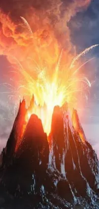 This astonishing phone live wallpaper showcases a volcanic eruption, with intense lava pouring towards the sky, displayed in 8k resolution with great detail
