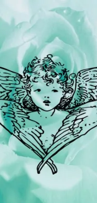 This phone wallpaper boasts an intricate drawing showcasing an angel resting on a rose