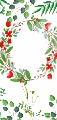 This live wallpaper showcases a gorgeous wreath of leaves and flowers in watercolor on your phone screen
