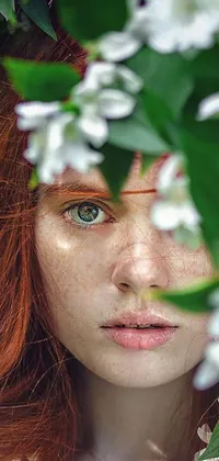 This phone live wallpaper depicts a captivating close-up of a young woman's face adorned with delicate flowers