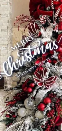 This phone live wallpaper showcases a stunningly decorated Christmas tree with red and white ornaments in a digital rendering