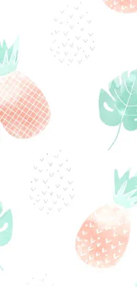 This phone live wallpaper features a fun and playful pattern of pineapples and leaves in a peach and turquoise color scheme on a clean white background