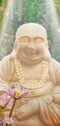 This phone live wallpaper showcases a serene statue of a smiling buddha surrounded by breathtaking flowers