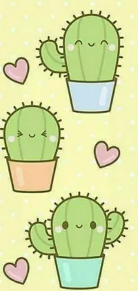 This live phone wallpaper features two Kawaii chibi cactuses forming a heart with their arms and necks