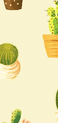 Looking for an engaging and unique live wallpaper for your phone? Look no further than this cactus-themed wallpaper! Featuring a variety of stunning digital artworks of different types of cactus plants against a pale yellow background, this wallpaper is perfect for nature lovers and those who appreciate intricate detail