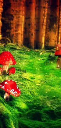 This phone live wallpaper depicts a group of glowing red mushrooms on a green forest background