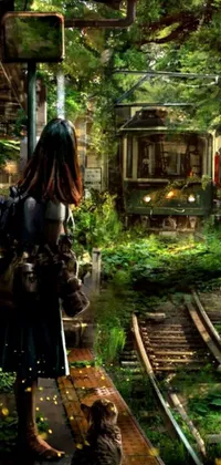 Get lost in a captivating live phone wallpaper featuring a female traveler standing on an abandoned train platform next to her feline friend