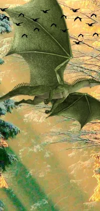 This live wallpaper depicts a breathtaking scene of a green, scaly dragon flying through a winter forest