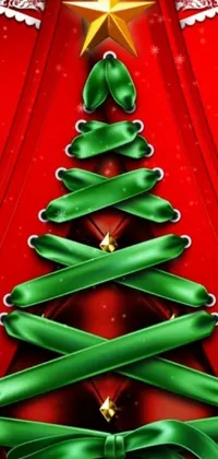 This lively live wallpaper features a Christmas tree made of ribbons, set on a vibrant red background