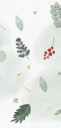 This phone live wallpaper depicts vibrant leaves and berries painted on a clean white background