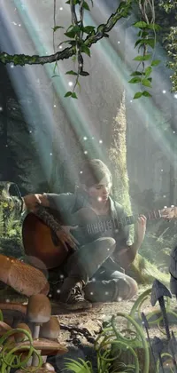 This live phone wallpaper depicts a woman playing a guitar underneath a tree in stunning detail