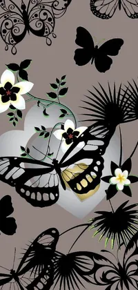 This stunning phone live wallpaper boasts a gorgeous black and white butterfly and flower collection on a gray background