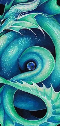 This live phone wallpaper features a stunning, metaphysical painting of a blue and green dragon