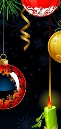 This Christmas live wallpaper features a group of ornaments hanging from a tree in traditional red, gold and blue colors