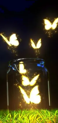 This phone live wallpaper depicts a glass jar releasing beautiful butterflies with a glowing backlit effect