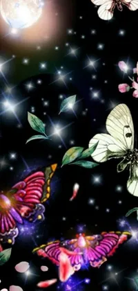 This phone live wallpaper features a group of butterflies fluttering in front of a full moon, set against a black background with a forest silhouette