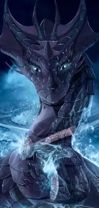 This phone wallpaper features a striking dragon sitting on a rocky outcropping in the ocean