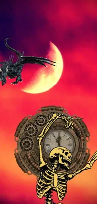 This live wallpaper for phones showcases the intricate detail of an ancient and weathered clock with a skeleton resting on it