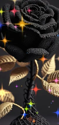 This live wallpaper features a stunning black rose with gold leaves, set in a black vase