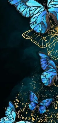 This mesmerizing live phone wallpaper features a stunning group of blue butterflies on a black background, accompanied by delicate gold elements