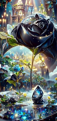 This phone live wallpaper features a breathtaking painting of a flower and castle in the background
