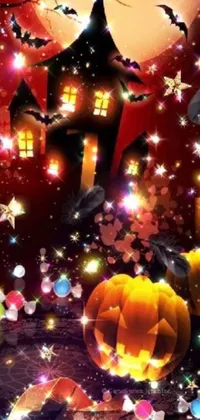 This phone live wallpaper features a Halloween castle scene with pumpkins, glittering stars, and vibrant paper lanterns