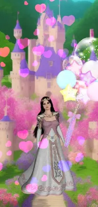 This enchanting live wallpaper depicts a woman holding a bunch of colorful balloons in front of a medieval castle