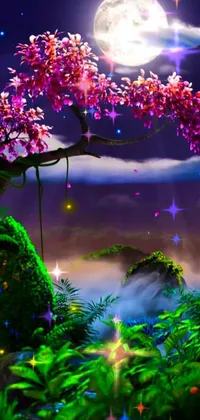 This beautiful live wallpaper features a stunning airbrush painting of a tree with a full moon in the background