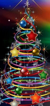 This colorful and vibrant Christmas-themed phone live wallpaper features a beautifully decorated Christmas tree with ornaments in different colors and shapes