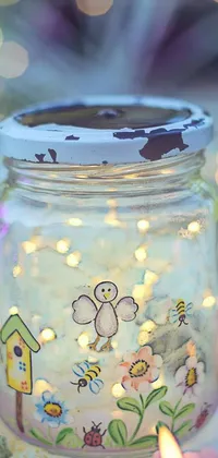This phone live wallpaper showcases a charming jar with a bee design, set against a blurred background
