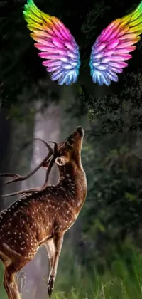 This phone live wallpaper showcases a stunning digital art of a lush green forest with a majestic deer at the center