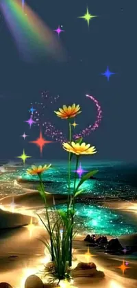This phone live wallpaper depicts a serene scene of flowers on a sandy beach, with rainbow fireflies at nighttime