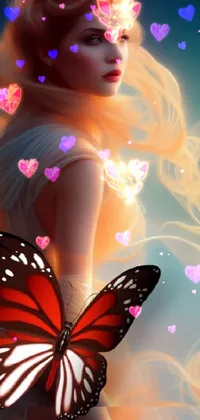 This live wallpaper features a stunning digital art depiction of a woman holding a beautiful butterfly