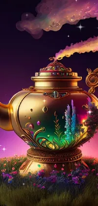 Looking for a magical and enchanting live wallpaper for your phone's home screen? Look no further than this stunning iPhone wallpaper! Featuring a intricately-detailed golden teapot perched atop a lush green field, this airbrush-painted graphic is sure to transport you to a world of fantasy and wonder