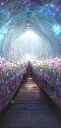 This gorgeous phone live wallpaper depicts a stunning tunnel filled with an abundance of purple flowers