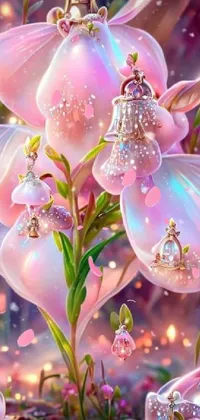 This vibrant phone live wallpaper features pink flowers on a lush green field, stunning fantasy art, sparkling crystal accents, and a mesmerizing pond with lily pads