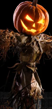 This phone live wallpaper features a terrifying scarecrow with a pumpkin on top of its head, standing in a field of tall grass