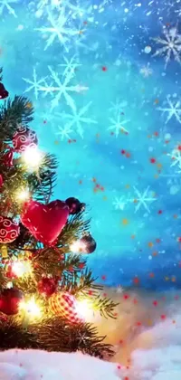 This phone live wallpaper features a stunning Christmas tree on a snowy ground with twinkling lights that change colors