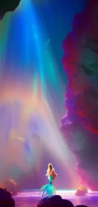 This live wallpaper presents a vividly colorful concept art of a woman sitting on a rock amid a vast, underwater cave