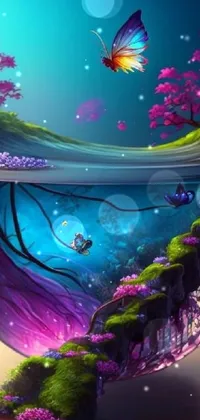 This live phone wallpaper displays a serene and enchanting digital artwork of a fish bowl and its inhabitants