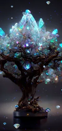 Introducing a mesmerizing phone live wallpaper featuring a stunning crystal tree atop a holographic table