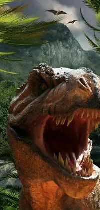 Get ready for a prehistoric adventure with this stunning phone live wallpaper! Featuring a highly detailed and realistic close-up of a roaring dinosaur with its mouth open wide, this wallpaper will transport you to a lush and vibrant jungle setting