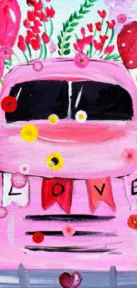 This phone live wallpaper features a vibrant pink truck adorned with hearts and surrounded by blooming flowers, capturing the essence of true love