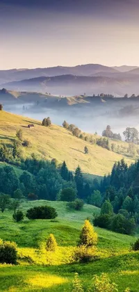 This phone live wallpaper features a serene landscape of a green field with mountains and trees in the background