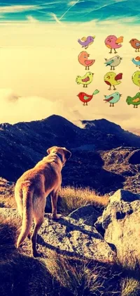 This phone live wallpaper features a dog sitting on a rocky hill, surrounded by colorful birds, and has a vintage feel with warm filters